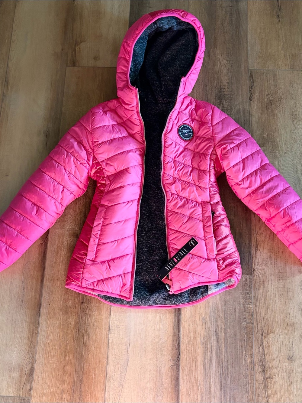 RM Reversible Kids Hooded Puffer Jacket in Hot Pink